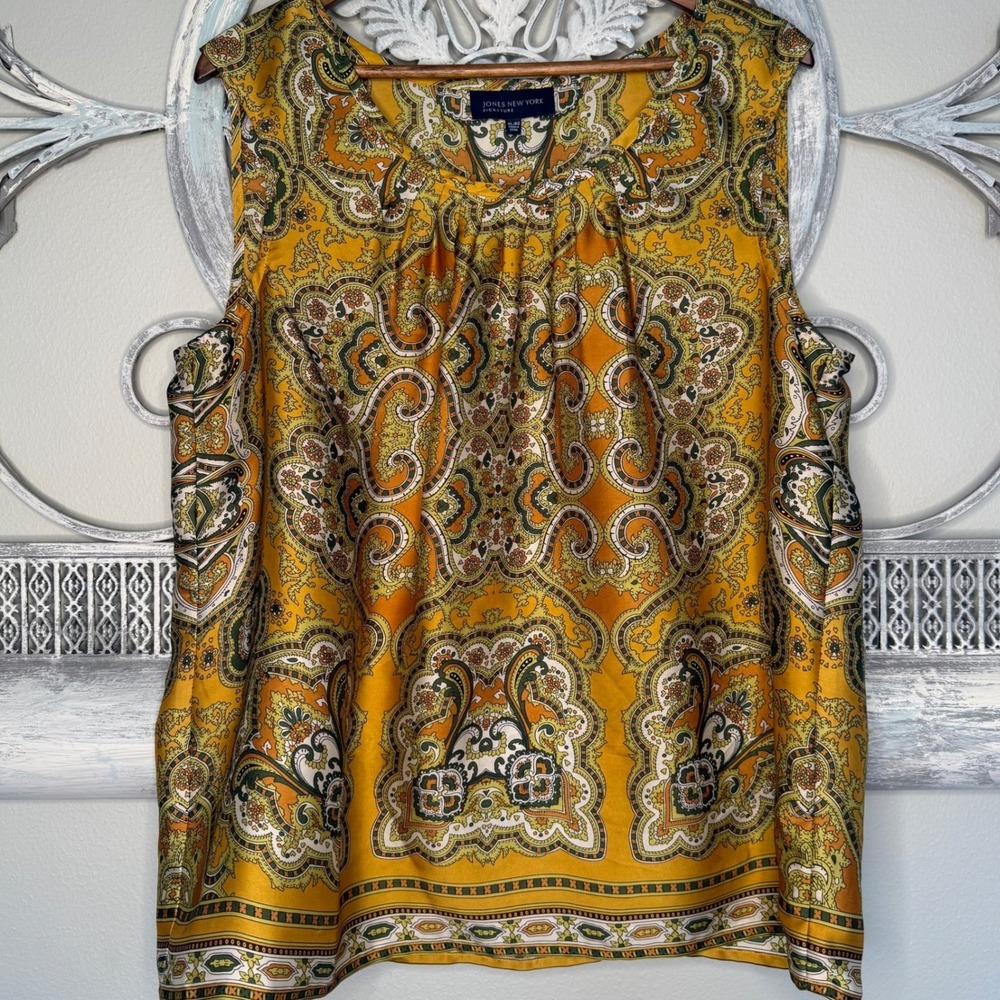 Jones New York Signature Mustard Yellow Paisley Sleeveless Blouse Size XL EUC